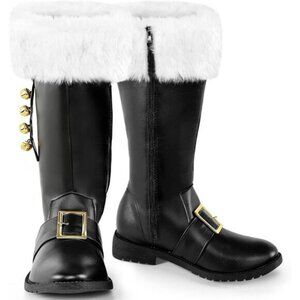 Men Black Buckle Strap and Bell Premium Faux Leather Wide Calf Santa Combat Boot